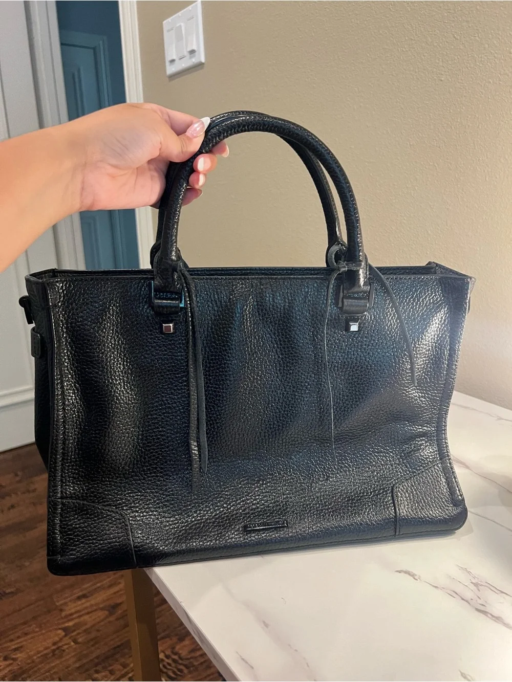 Rebecca Minkoff Regan Satchel in Black Pebbled Leather Silver Hardware Crossbody